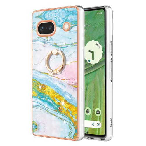 Google Pixel 7a Electroplating Marble IMD TPU Phone Case with Ring Holder - Green 004