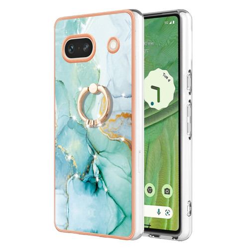 Google Pixel 7a Electroplating Marble IMD TPU Phone Case with Ring Holder - Green 003