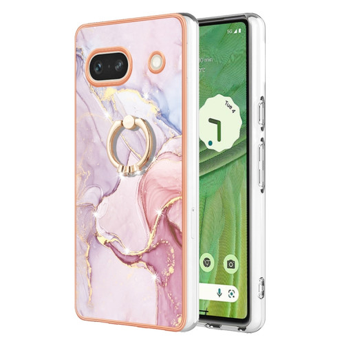 Google Pixel 7a Electroplating Marble IMD TPU Phone Case with Ring Holder - Rose Gold 005