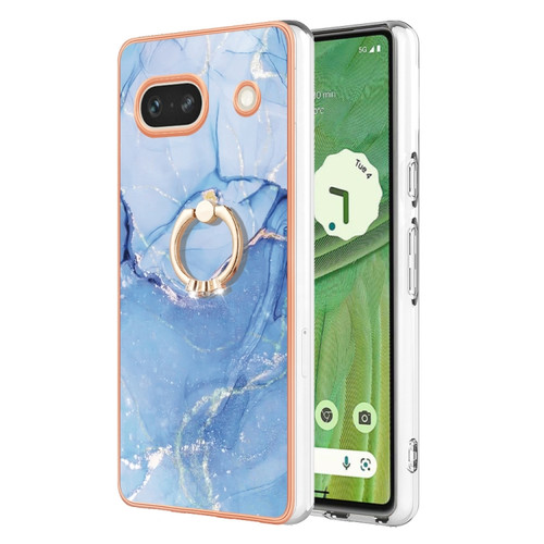 Google Pixel 7a Electroplating Marble Dual-side IMD Phone Case with Ring - Blue 018