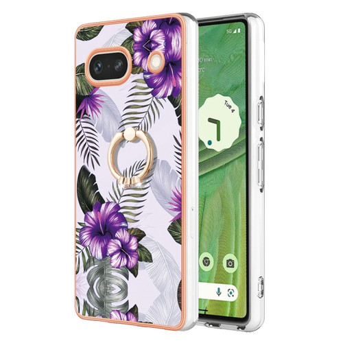 Google Pixel 7a Electroplating IMD TPU Phone Case with Ring - Purple Flower