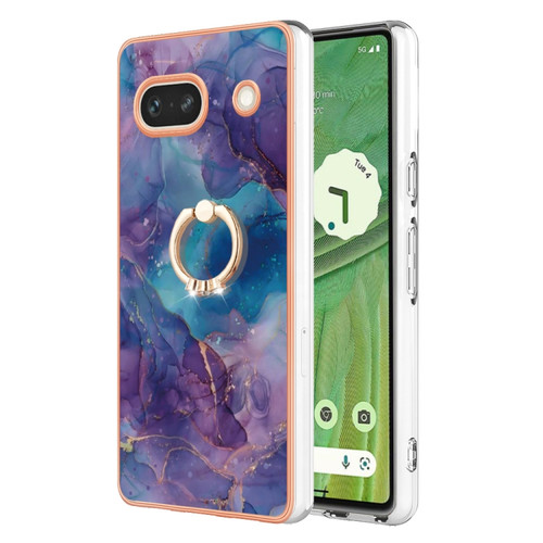 Google Pixel 7a Electroplating Marble Dual-side IMD Phone Case with Ring - Purple 016