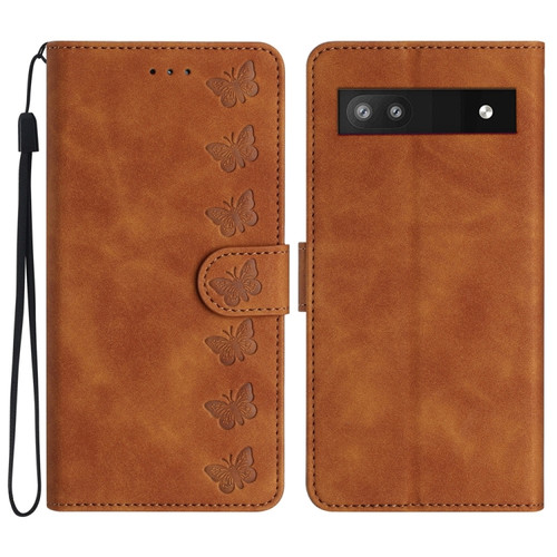 Google Pixel 7a Seven Butterflies Embossed Leather Phone Case - Brown