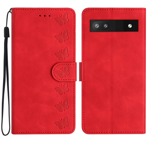 Google Pixel 7a Seven Butterflies Embossed Leather Phone Case - Red