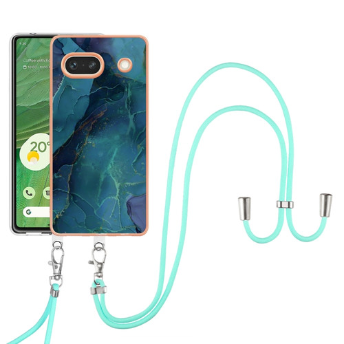 Google Pixel 7a Electroplating Marble Dual-side IMD Phone Case with Lanyard - Green 017
