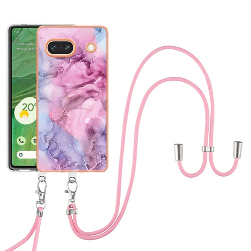 Google Pixel 7a Electroplating Marble Dual-side IMD Phone Case with Lanyard - Pink 013