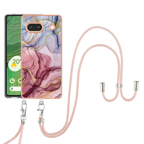 Google Pixel 7a Electroplating Marble Dual-side IMD Phone Case with Lanyard - Rose Red 014