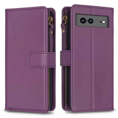 Google Pixel 7a 9 Card Slots Zipper Wallet Leather Flip Phone Case - Dark Purple