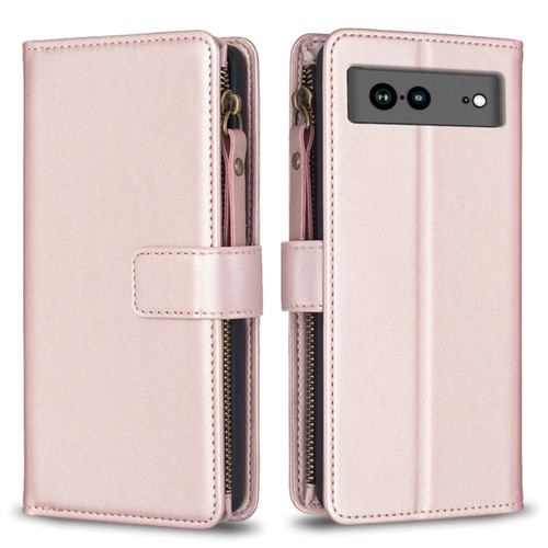 Google Pixel 7a 9 Card Slots Zipper Wallet Leather Flip Phone Case - Rose Gold