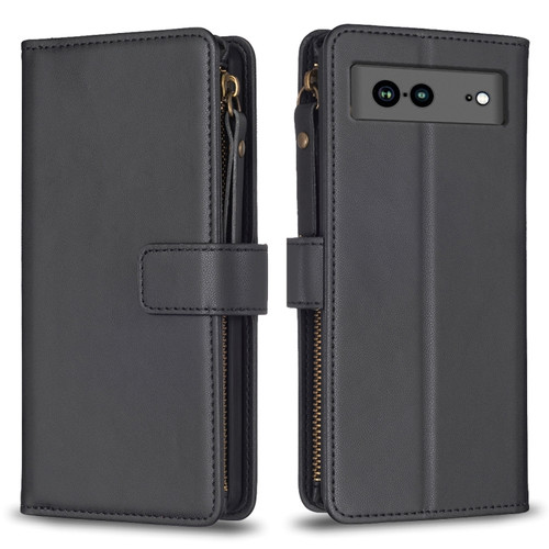 Google Pixel 7a 9 Card Slots Zipper Wallet Leather Flip Phone Case - Black