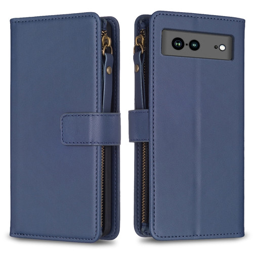 Google Pixel 7a 9 Card Slots Zipper Wallet Leather Flip Phone Case - Blue