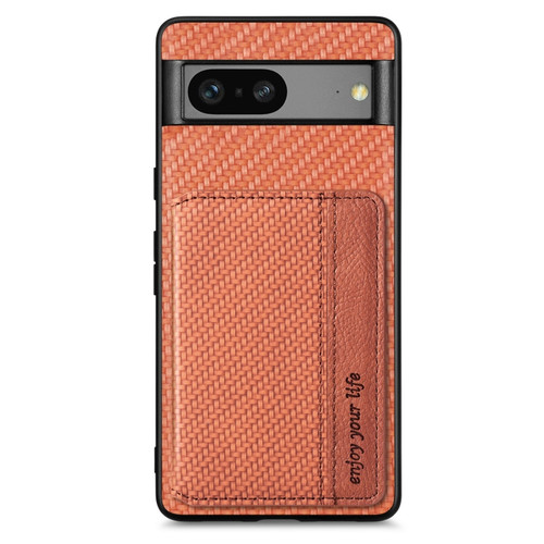 Google Pixel 7a Carbon Fiber Magnetic Card Bag Phone Case - Brown