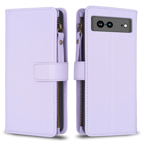 Google Pixel 7a 9 Card Slots Zipper Wallet Leather Flip Phone Case - Light Purple