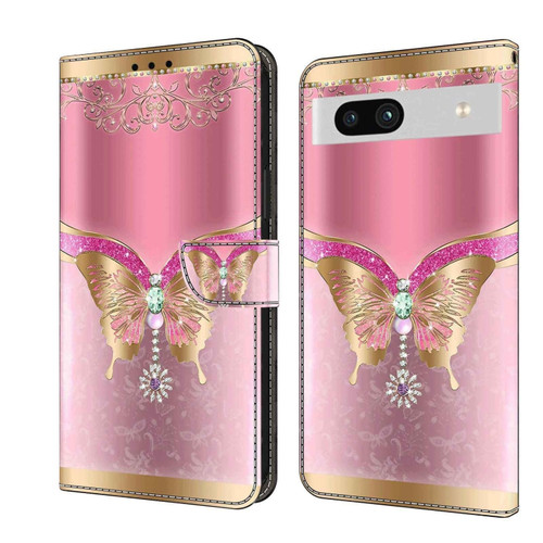 Google Pixel 7a Crystal 3D Shockproof Protective Leather Phone Case - Pink Bottom Butterfly