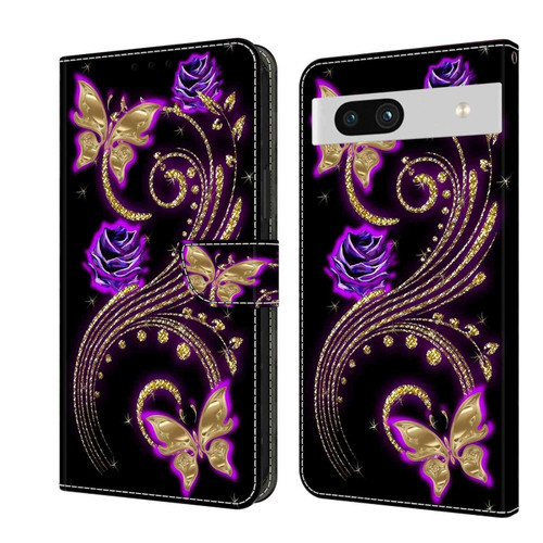 Google Pixel 7a Crystal 3D Shockproof Protective Leather Phone Case - Purple Flower Butterfly