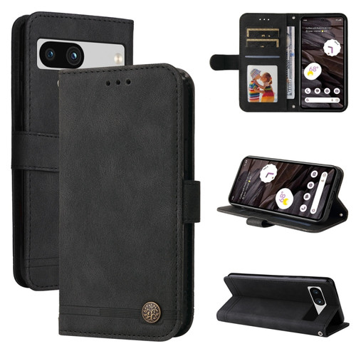 Google Pixel 7a Skin Feel Life Tree Metal Button Leather Phone Case - Black