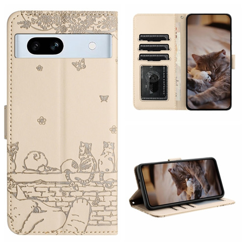 Google Pixel 7a Cat Embossing Pattern Leather Phone Case with Lanyard - Beige