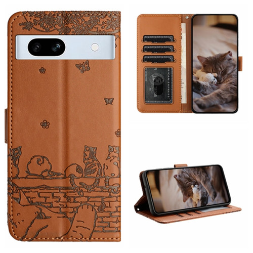 Google Pixel 7a Cat Embossing Pattern Leather Phone Case with Lanyard - Brown