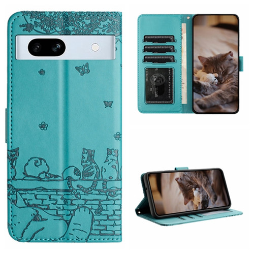 Google Pixel 7a Cat Embossing Pattern Leather Phone Case with Lanyard - Blue