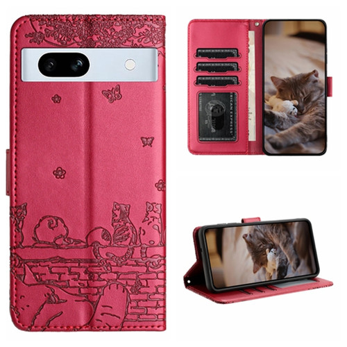 Google Pixel 7a Cat Embossing Pattern Leather Phone Case with Lanyard - Red