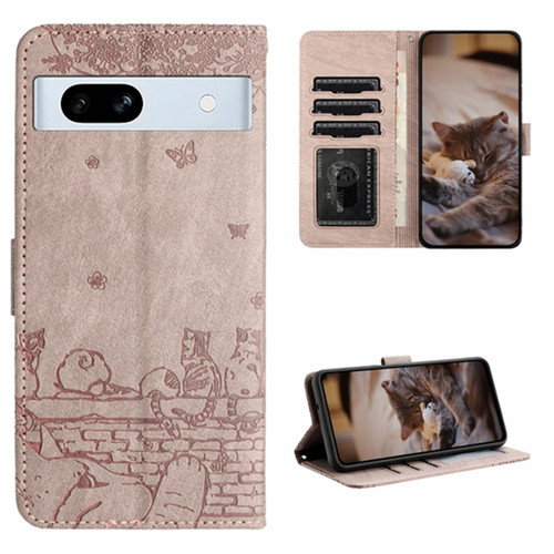 Google Pixel 7a Cat Embossing Pattern Leather Phone Case with Lanyard - Grey