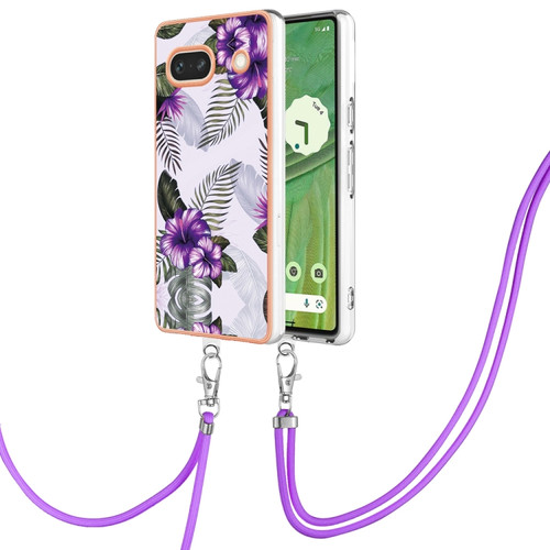 Google Pixel 7a Electroplating IMD TPU Phone Case with Lanyard - Purple Flower
