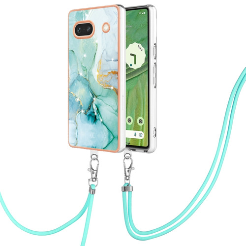 Google Pixel 7a Electroplating Marble Dual-side IMD Phone Case with Lanyard - Green 003