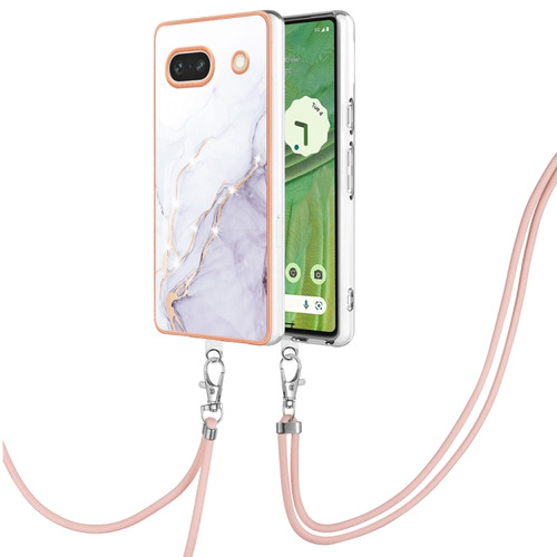 Google Pixel 7a Electroplating Marble Dual-side IMD Phone Case with Lanyard - White 006