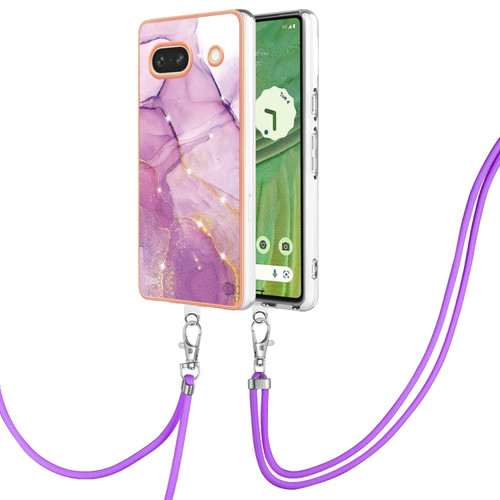 Google Pixel 7a Electroplating Marble Dual-side IMD Phone Case with Lanyard - Purple 001