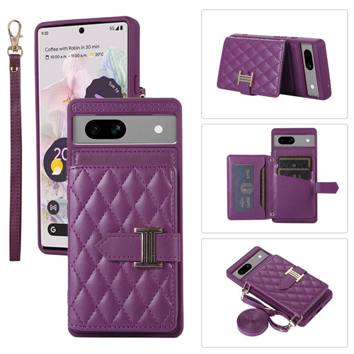 Google Pixel 7a Horizontal Card Bag Phone Case with Dual Lanyard - Dark Purple