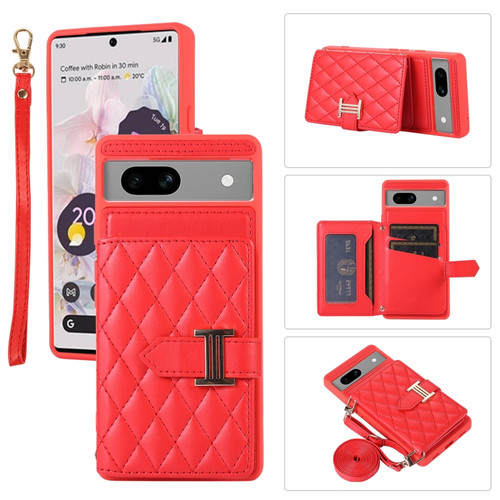 Google Pixel 7a Horizontal Card Bag Phone Case with Dual Lanyard - Red