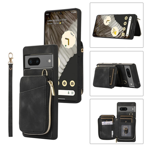 Google Pixel 7a Zipper Card Bag Back Cover Phone Case - Black