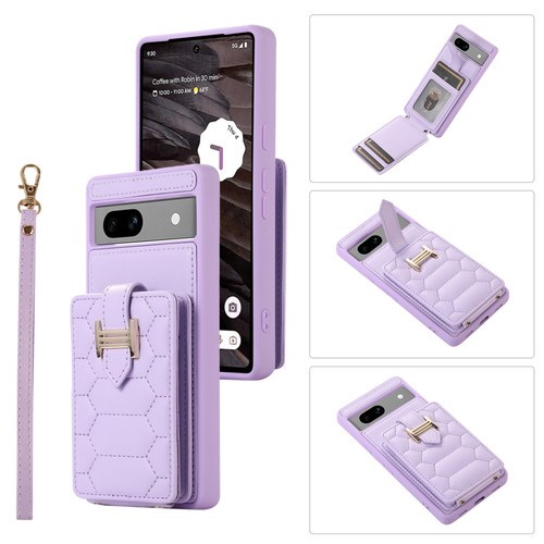 Google Pixel 7a Vertical Card Bag Ring Holder Phone Case with Dual Lanyard - Purple