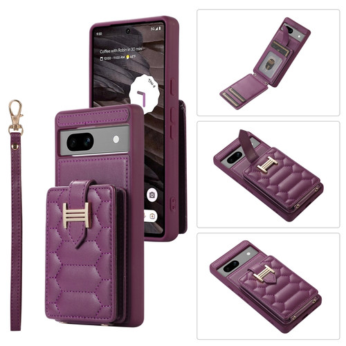 Google Pixel 7a Vertical Card Bag Ring Holder Phone Case with Dual Lanyard - Dark Purple