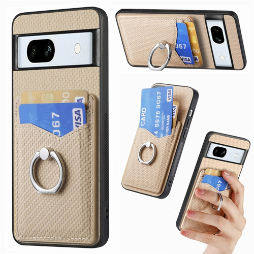 Google Pixel 7A Carbon Fiber Card Wallet Ring Holder Phone Case - Khaki