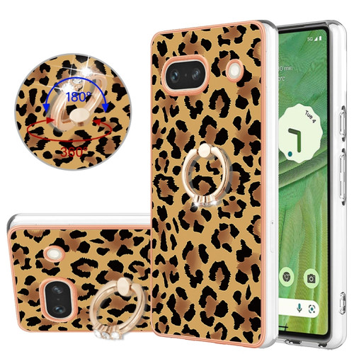 Google Pixel 7a Electroplating Dual-side IMD Phone Case with Ring Holder - Leopard Print