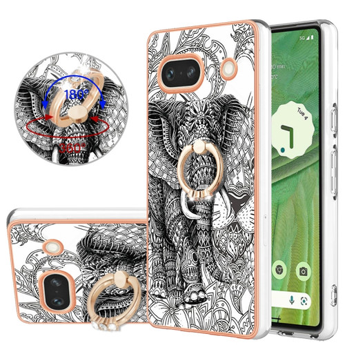 Google Pixel 7a Electroplating Dual-side IMD Phone Case with Ring Holder - Totem Elephant