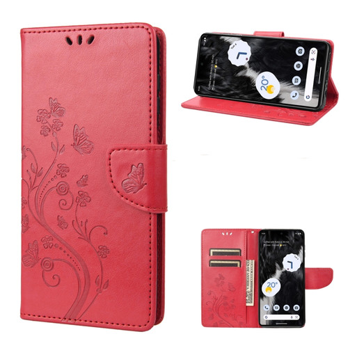 Google Pixel 7a Butterfly Flower Pattern Flip Leather Phone Case - Red
