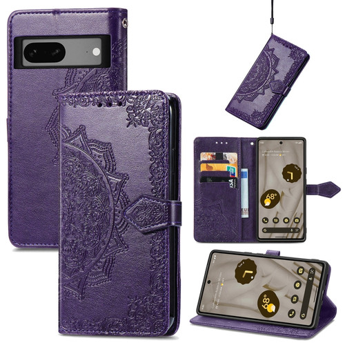 Google Pixel 7a Mandala Flower Embossed Leather Phone Case - Purple