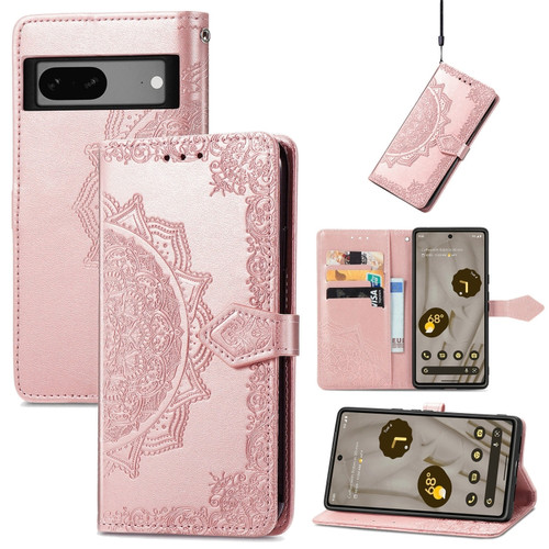 Google Pixel 7a Mandala Flower Embossed Leather Phone Case - Rose Gold