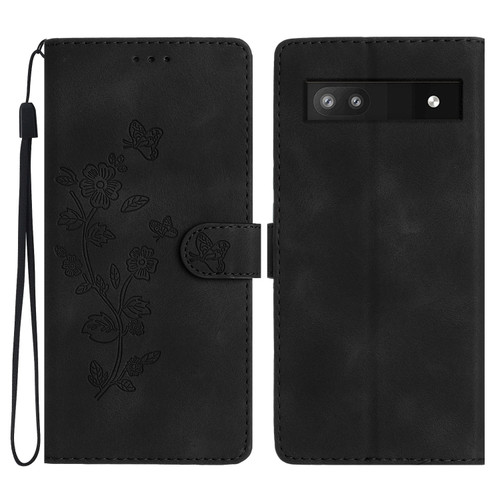 Google Pixel 7a Flower Butterfly Embossing Pattern Leather Phone Case - Black