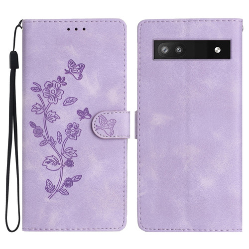 Google Pixel 7a Flower Butterfly Embossing Pattern Leather Phone Case - Purple