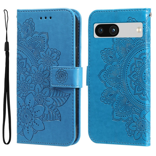 Google Pixel 7a 7-petal Flowers Embossing Leather Phone Case - Blue