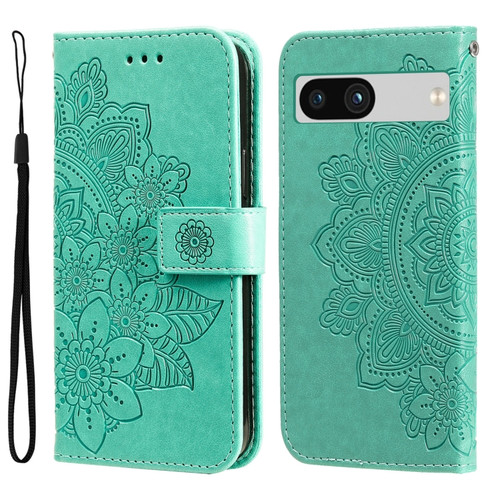 Google Pixel 7a 7-petal Flowers Embossing Leather Phone Case - Green