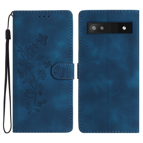 Google Pixel 7a Flower Butterfly Embossing Pattern Leather Phone Case - Blue