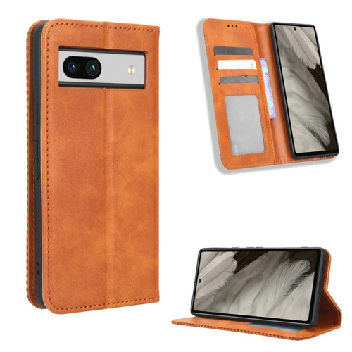 Google Pixel 7a Magnetic Buckle Retro Texture Leather Phone Case - Brown