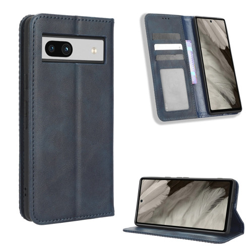 Google Pixel 7a Magnetic Buckle Retro Texture Leather Phone Case - Blue