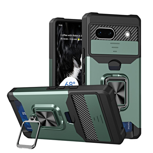 Google Pixel 7a Camera Shield Card Slot Phone Case with Ring Holder - Dark Green