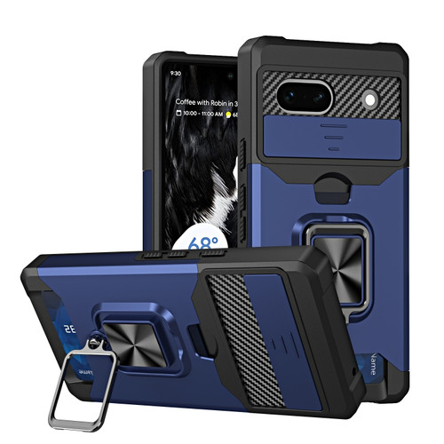 Google Pixel 7a Camera Shield Card Slot Phone Case with Ring Holder - Blue