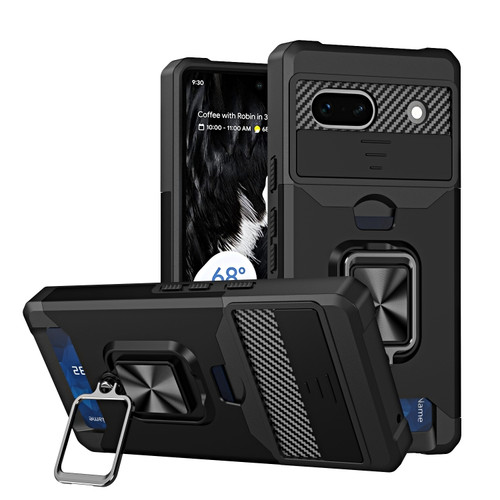 Google Pixel 7a Camera Shield Card Slot Phone Case with Ring Holder - Black